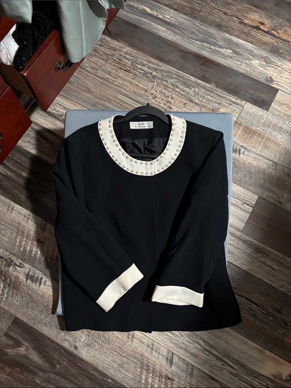Talbots Black Jacket with White Pearl-Trim Collar pants suit